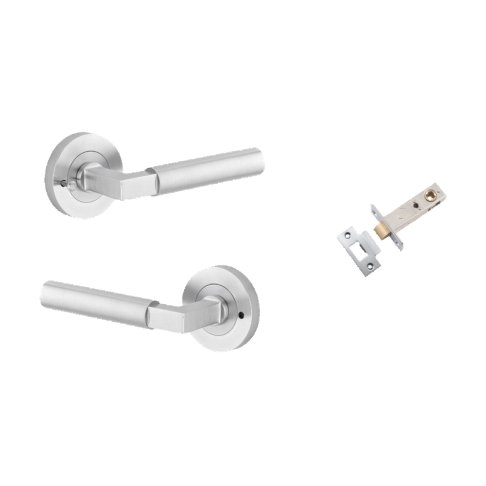 Door Lever Berlin Rose Round Brushed Chrome L120xP60mm BPD52mm Inbuilt Privacy Kit, Tube Latch Privacy with Faceplate & T striker Backset 60mm in Brushed Chrome