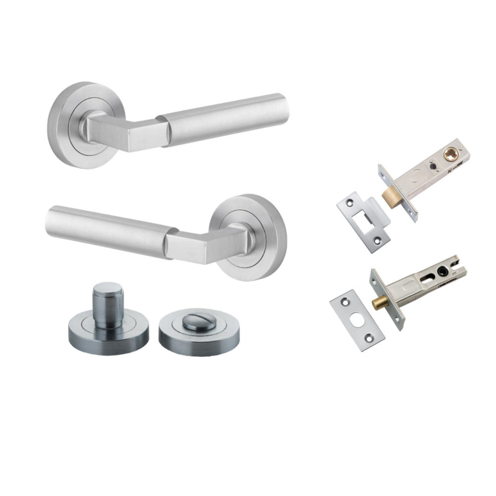 Door Lever Berlin Rose Round Brushed Chrome L120xP60mm BPD52mm Privacy Kit, Tube Latch Split Cam 'T' Striker Brushed Chrome Backset 60mm, Privacy Bolt Round Bolt Brushed Chrome Backset 60mm, Privacy Turn Berlin Concealed Fix Round D52xP35mm in Brushed Chrome