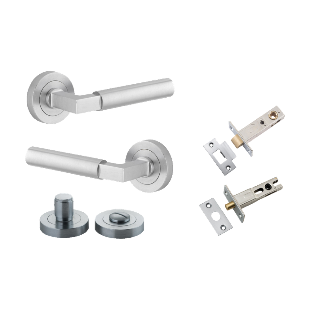 Door Lever Berlin Rose Round Brushed Chrome L120xP60mm BPD52mm Privacy Kit, Tube Latch Split Cam 'T' Striker Brushed Chrome Backset 60mm, Privacy Bolt Round Bolt Brushed Chrome Backset 60mm, Privacy Turn Berlin Concealed Fix Round D52xP35mm in Brushed Chrome