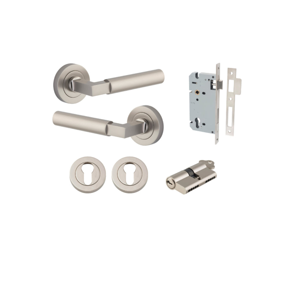 Door Lever Berlin Rose Round Pair Satin Nickel L120xP60mm BPD52mm, Mortice Lock Euro Satin Nickel CTC85mm Backset 60mm, Euro Cylinder Dual Function 5 Pin Satin Nickel 65mm KA4, Escutcheon Euro Concealed Fix Round Pair Satin Nickel D52xP10mm in Satin Nickel