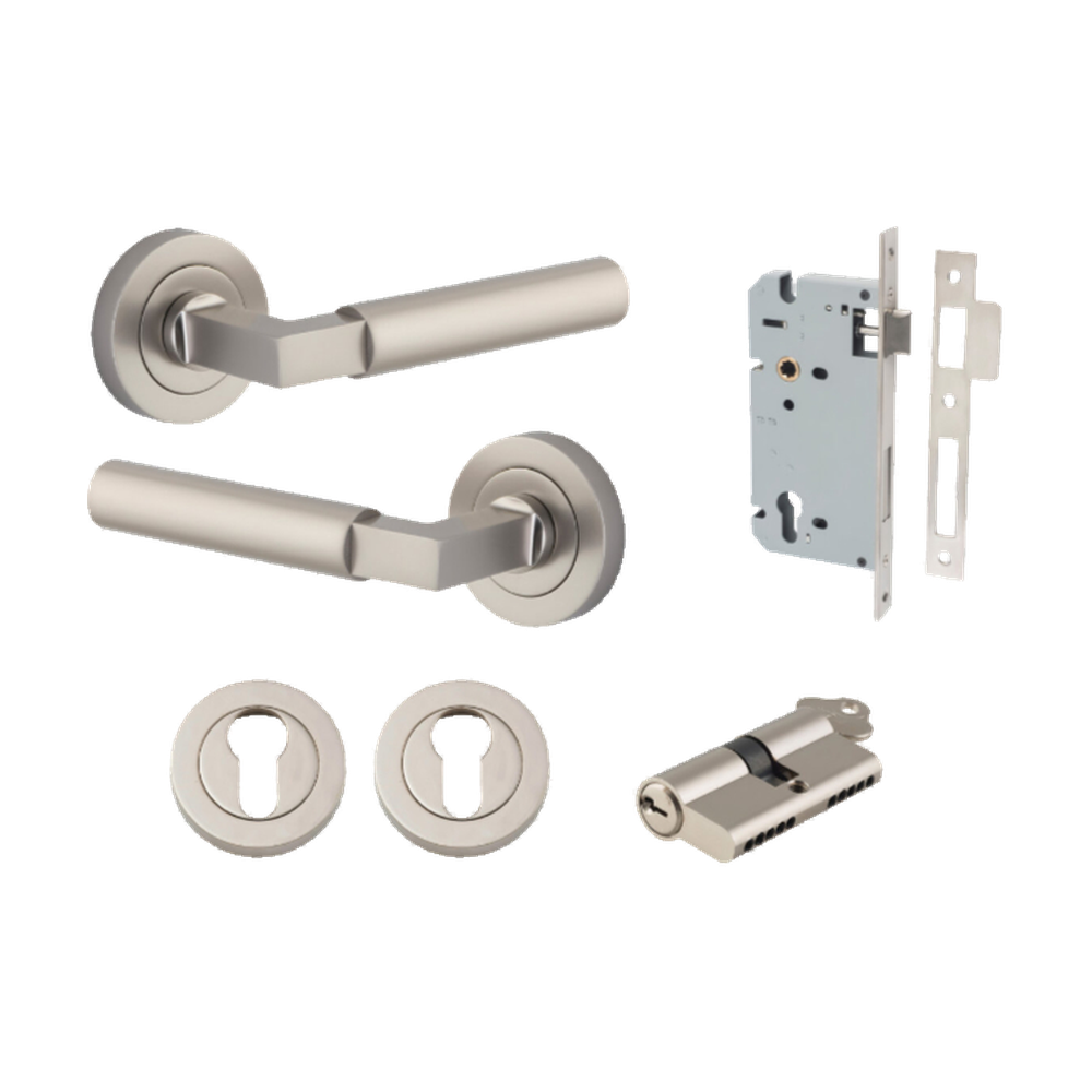 Door Lever Berlin Rose Round Pair Satin Nickel L120xP60mm BPD52mm, Mortice Lock Euro Satin Nickel CTC85mm Backset 60mm, Euro Cylinder Dual Function 5 Pin Satin Nickel 65mm KA4, Escutcheon Euro Concealed Fix Round Pair Satin Nickel D52xP10mm in Satin Nickel