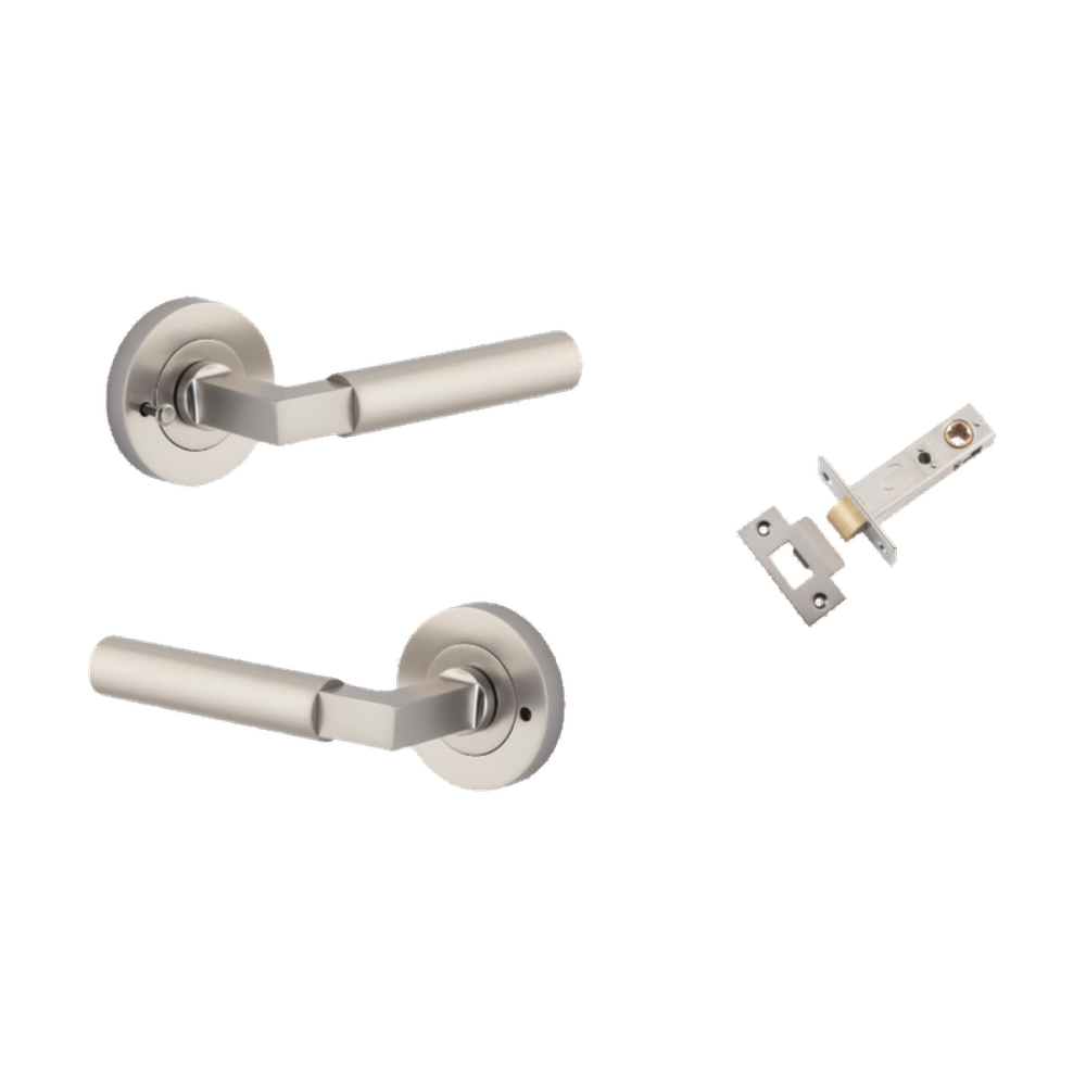 Door Lever Berlin Rose Round Satin Nickel L120xP60mm BPD52mm Inbuilt Privacy Kit, Tube Latch Privacy with Faceplate & T striker Backset 60mm in Satin Nickel