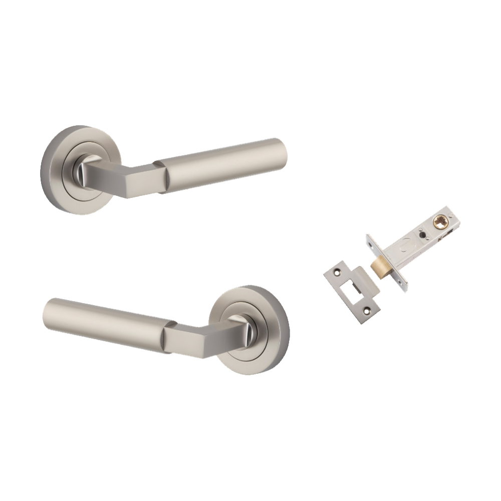 Door Lever Berlin Rose Round Satin Nickel L120xP60mm BPD52mm Passage Kit, Tube Latch Split Cam 'T' Striker Satin Nickel Backset 60mm in Satin Nickel