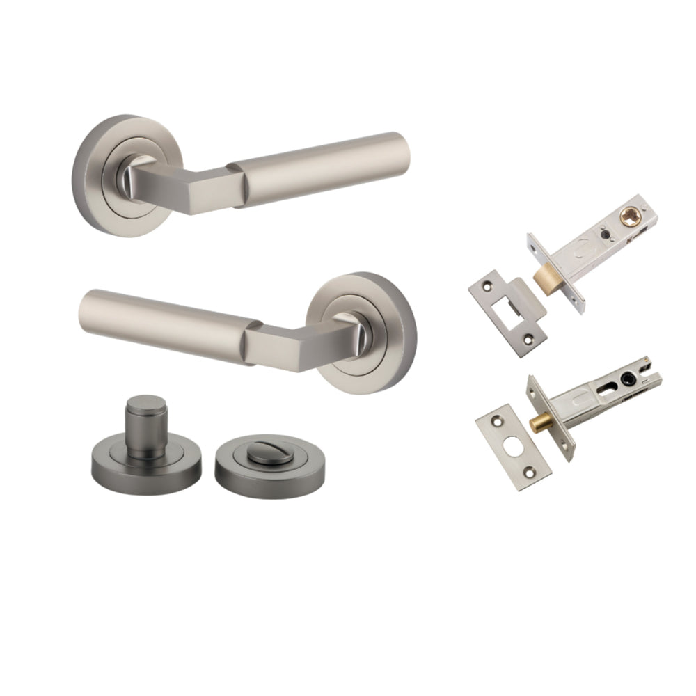 Door Lever Berlin Rose Round Satin Nickel L120xP60mm BPD52mm Privacy Kit, Tube Latch Split Cam 'T' Striker Satin Nickel Backset 60mm, Privacy Bolt Round Bolt Satin Nickel Backset 60mm, Privacy Turn Berlin Concealed Fix Round Satin Nickel D52xP35mm in Satin Nickel