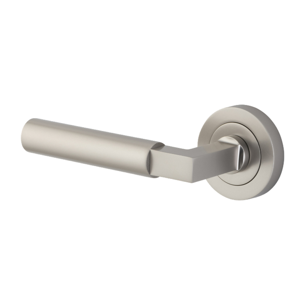 Door Lever Berlin Round Rose - Left hand Fixed- Satin Nickel L139xP60mm BPD52mm in Satin Nickel