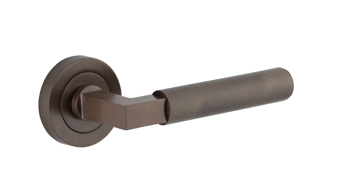 Door Lever Brunswick Knurled Round Rose Pair Signature Brass D52xP60mm in Signature Brass