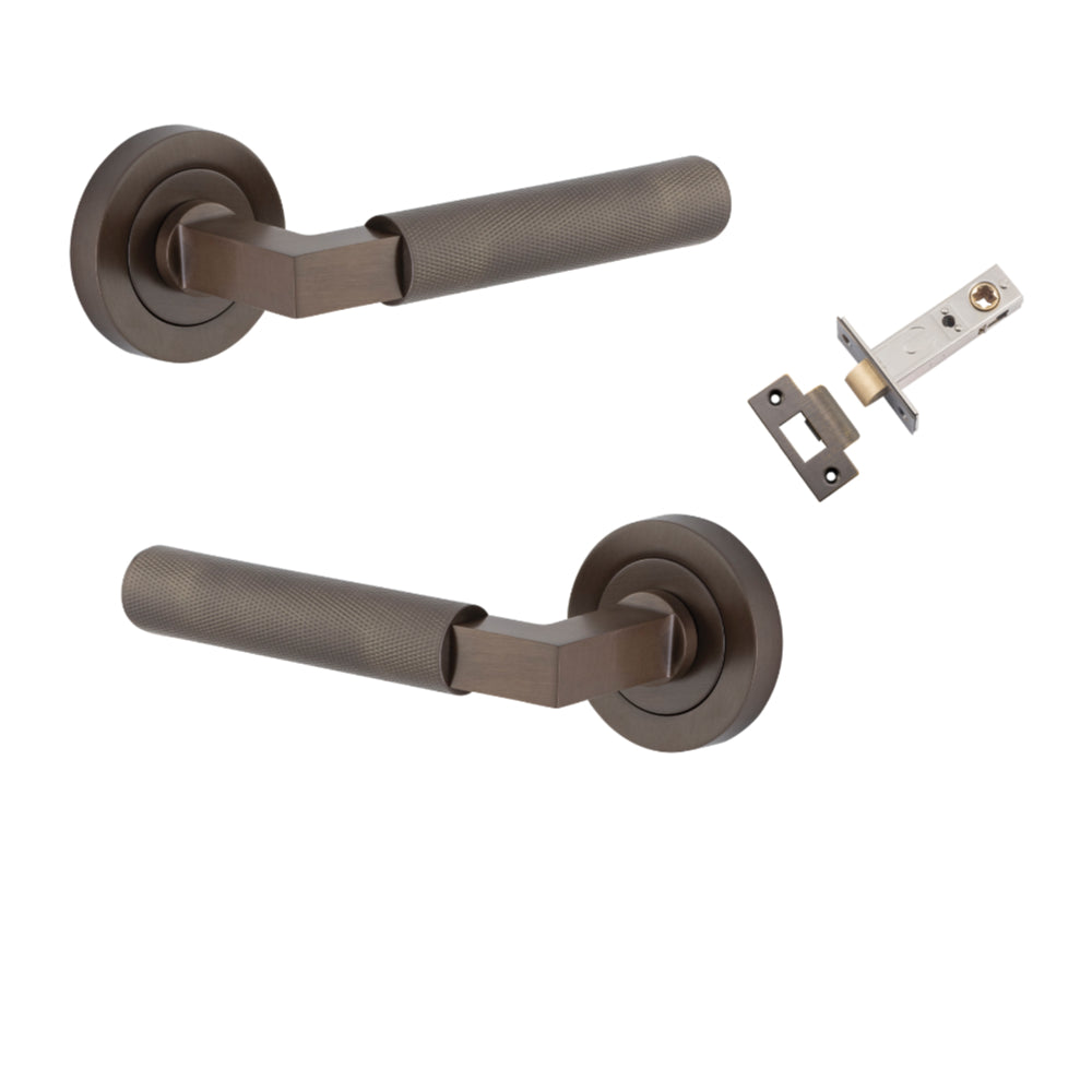 Door Lever Brunswick Knurled Rose Round Signature Brass L120xP60mm BPD52mm Passage Kit Tube Latch Split Cam 'T' Striker Signature Brass Backset 60mm in Signature Brass