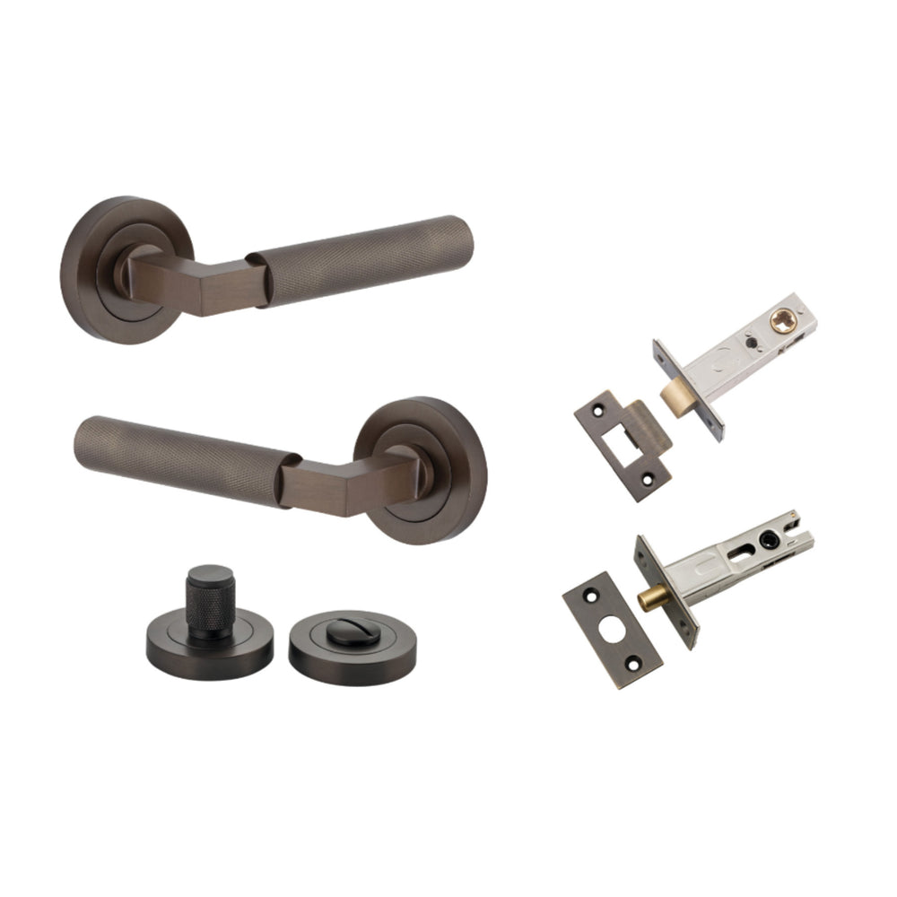 Door Lever Brunswick Knurled Rose Round Signature Brass L120xP60mm BPD52mm Privacy Kit Tube Latch Split Cam 'T' Striker Signature Brass Backset 60mm, Privacy Bolt Round Bolt Backset 60mm, Privacy Turn Brunswick Concealed Fix Round Knurled D52xP35mm in Signature Brass