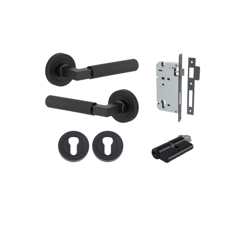 Door Lever Brunswick Rose Round Pair Matt Black L120xP60mm BPD52mm Mortice Lock Euro Matt Black CTC85mm Backset 60mm Euro Cylinder Dual Function 5 Pin Matt Black 65mm KA4 Escutcheon Euro Concealed Fix Round Pair Matt Black D52xP10mm in Matt Black