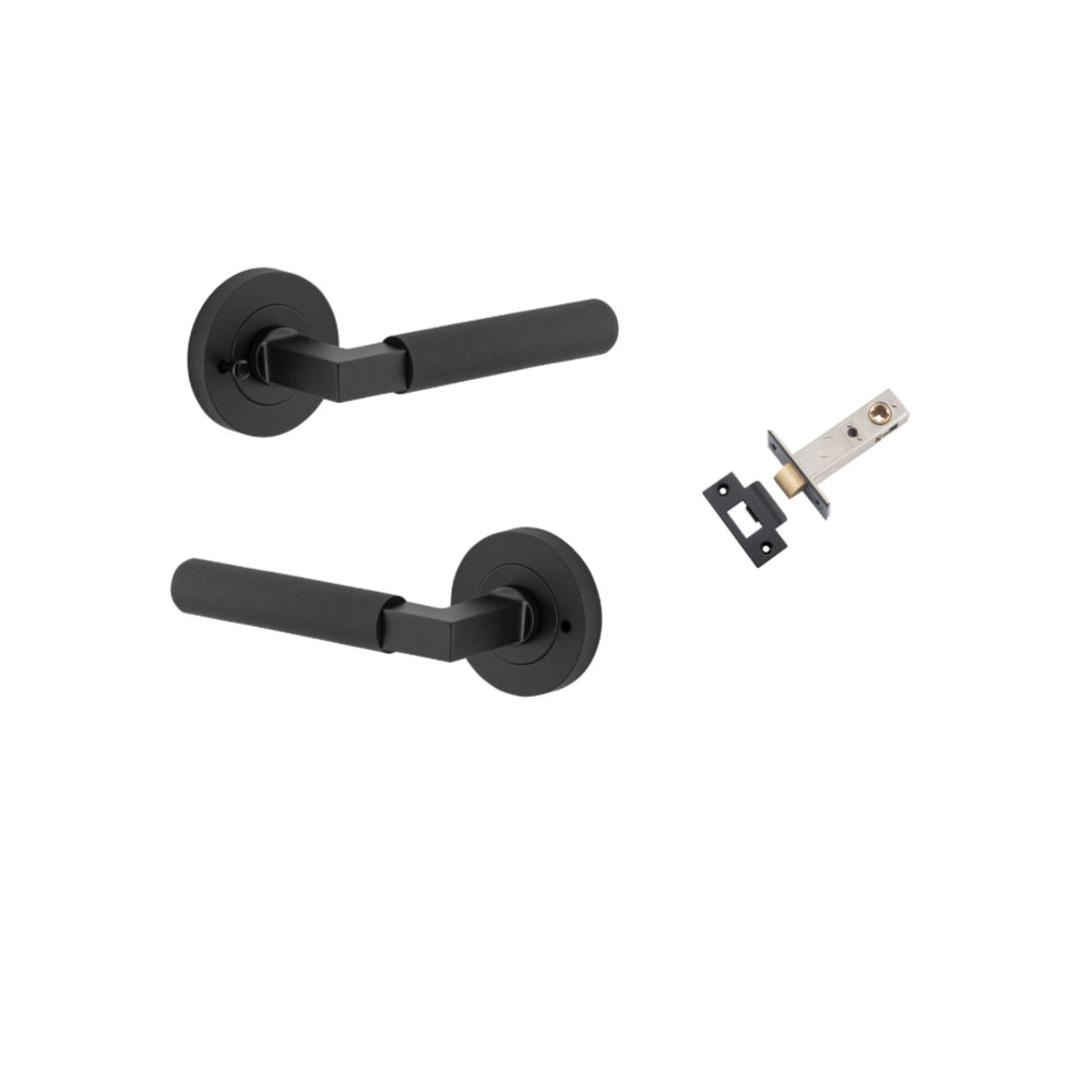 Door Lever Brunswick Rose Round Matt Black L120xP60mm BPD52mm Inbuilt Privacy Kit Tube Latch Privacy with Faceplate & T striker Backset 60mm in Matt Black