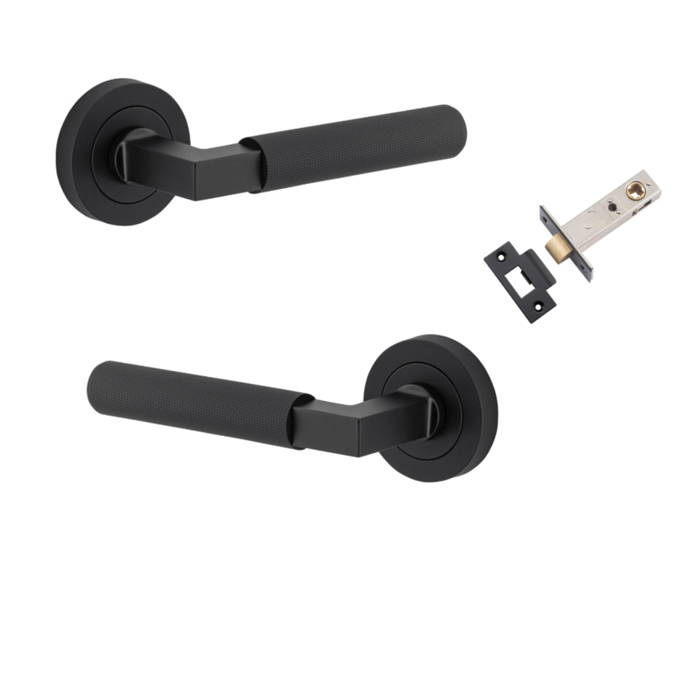 Door Lever Brunswick Knurled Rose Round Matt Black L120xP60mm BPD52mm Passage Kit, Tube Latch Split Cam 'T' Striker Matt Black Backset 60mm in Matt Black