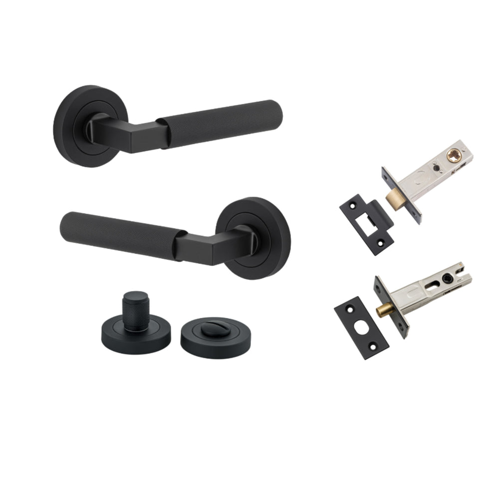 Door Lever Brunswick Knurled Rose Round Matt Black L120xP60mm BPD52mm Privacy Kit, Tube Latch Split Cam 'T' Striker Matt Black Backset 60mm, Privacy Bolt Round Bolt Backset 60mm, Privacy Turn Brunswick Concealed Fix Round Knurled D52xP35mm in Matt Black