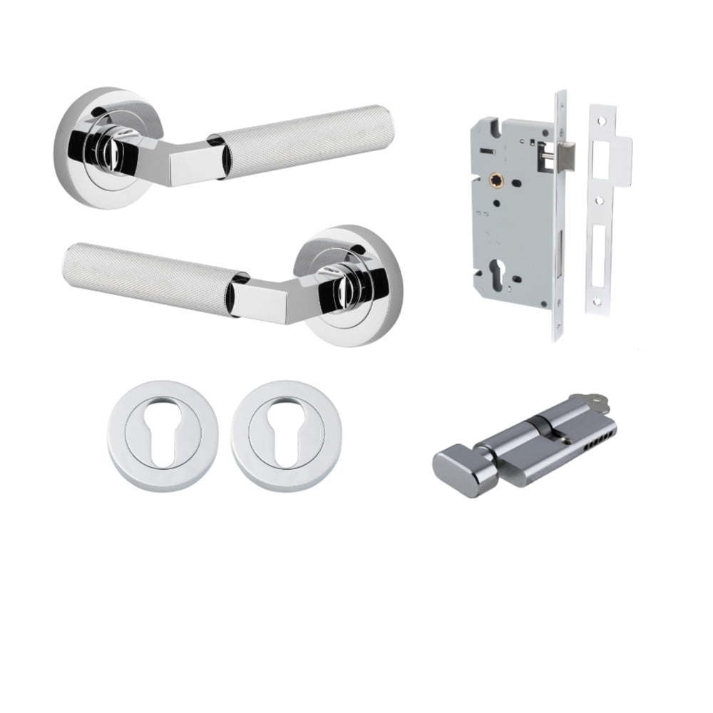 Pair of Iver Brunswick lever handles on round rose plates, architectural hardware for doors, in a polished finish.