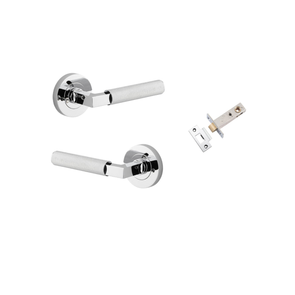 Door Lever Brunswick Rose Round Polished Chrome L120xP60mm BPD52mm Inbuilt Privacy Kit Tube Latch Privacy with Faceplate & T striker Backset 60mm in Polished Chrome