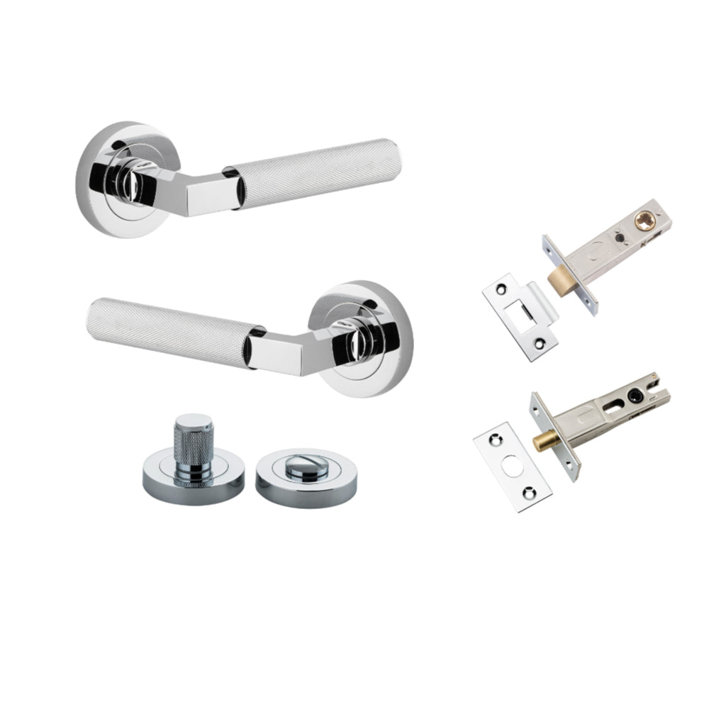 Door Lever Brunswick Knurled Rose Round Polished Chrome L120xP60mm BPD52mm Privacy Kit, Tube Latch Split Cam 'T' Striker Polished Chrome Backset 60mm, Privacy Bolt Round Bolt Backset 60mm, Privacy Turn Brunswick Concealed Fix Round Knurled D52xP35mm in Polished Chrome