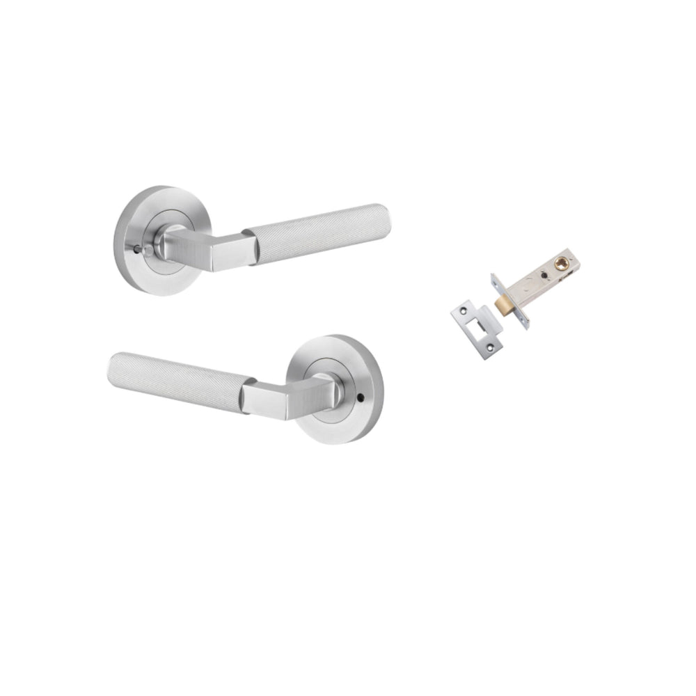 Door Lever Brunswick Rose Round Brushed Chrome L120xP60mm BPD52mm Inbuilt Privacy Kit Tube Latch Privacy with Faceplate & T striker Backset 60mm in Brushed Chrome