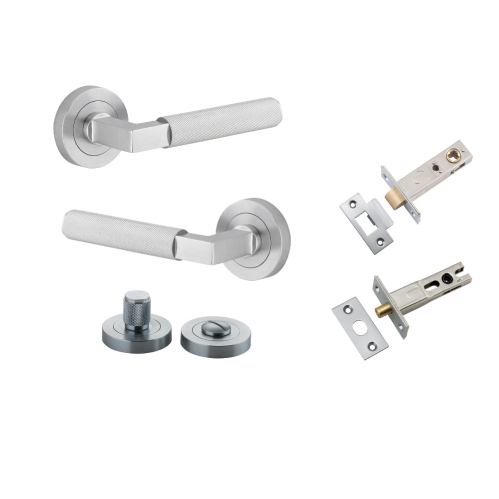 Door Lever Brunswick Knurled Rose Round Brushed Chrome L120xP60mm BPD52mm Privacy Kit, Tube Latch Split Cam 'T' Striker Brushed Chrome Backset 60mm, Privacy Bolt Round Bolt Backset 60mm, Privacy Turn Brunswick Concealed Fix Round Knurled D52xP35mm in Brushed Chrome