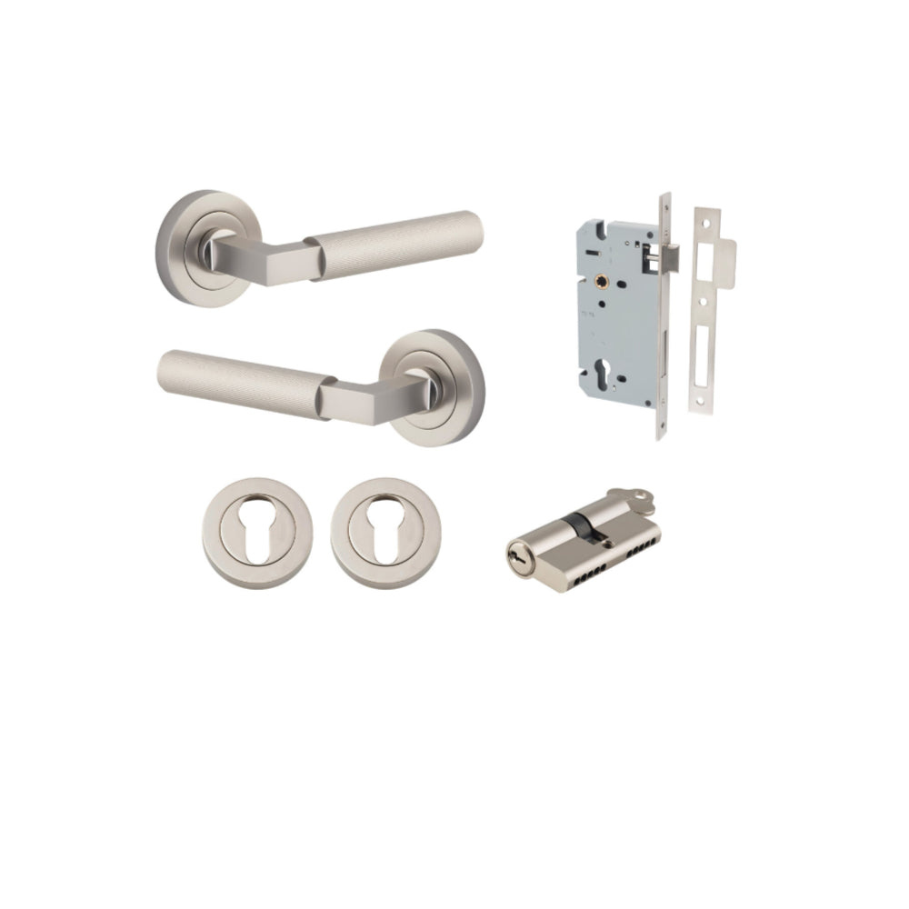 Door Lever Brunswick Rose Round Pair Satin Nickel L120xP60mm BPD52mm Mortice Lock Euro Satin Nickel CTC85mm Backset 60mm Euro Cylinder Dual Function 5 Pin Satin Nickel 65mm KA4 Escutcheon Euro Concealed Fix Round Pair Satin Nickel D52xP10mm in Satin Nickel