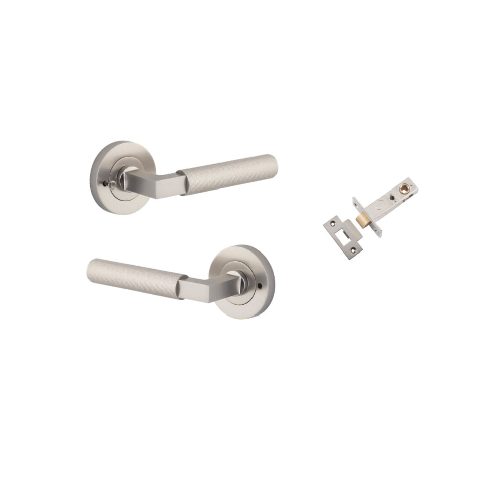 Pair of Iver Brunswick lever door handles with round rose in architectural hardware style, featuring a sleek, modern design.