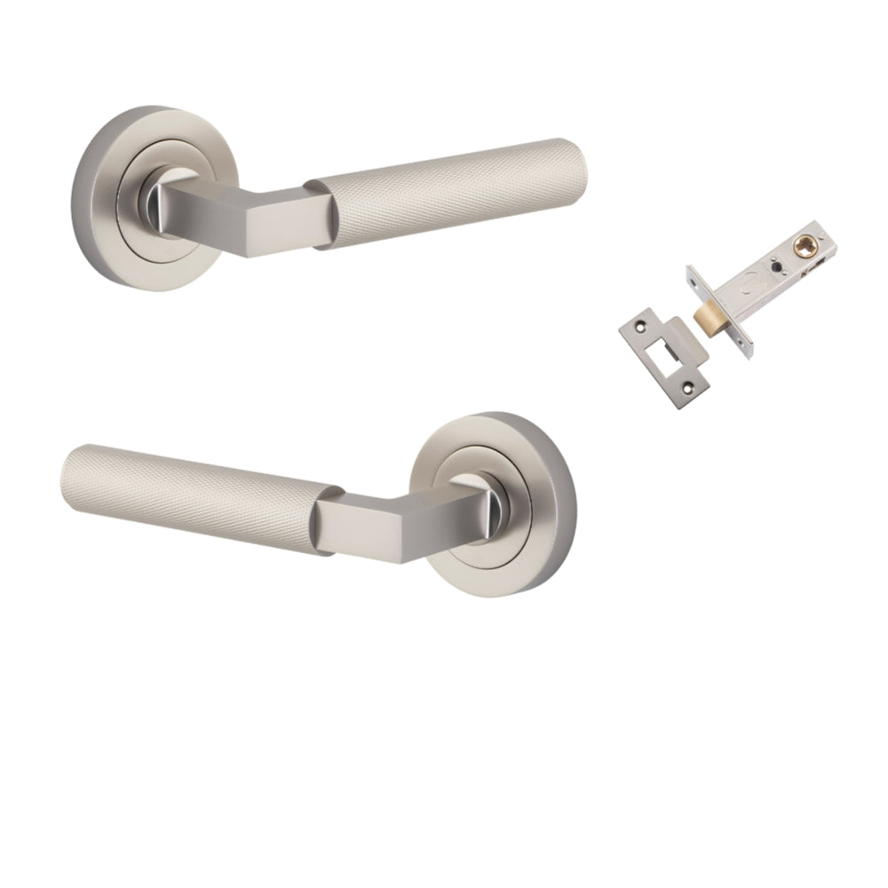 Door Lever Brunswick Knurled Rose Round Satin Nickel L120xP60mm BPD52mm Passage Kit, Tube Latch Split Cam 'T' Striker Satin Nickel Backset 60mm in Satin Nickel