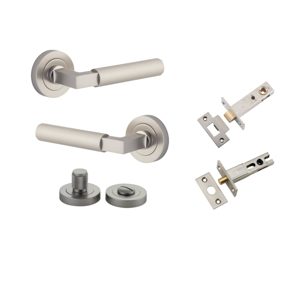 Door Lever Brunswick Knurled Rose Round Satin Nickel L120xP60mm BPD52mm Privacy Kit, Tube Latch Split Cam 'T' Striker Satin Nickel Backset 60mm, Privacy Bolt Round Bolt Backset 60mm, Privacy Turn Brunswick Concealed Fix Round Knurled D52xP35mm in Satin Nickel
