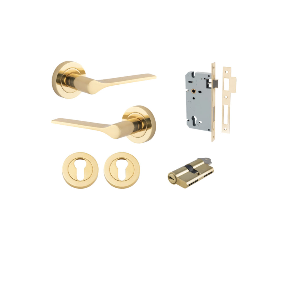 Door Lever Como Rose Round Pair Polished Brass L119xP62mm BPD52mm, Mortice Lock Euro Polished Brass CTC85mm Backset 60mm, Euro Cylinder Dual Function 5 Pin Polished Brass 65mm KA4, Escutcheon Euro Concealed Fix Round Pair Polished Brass D52xP10mm in Polished Brass