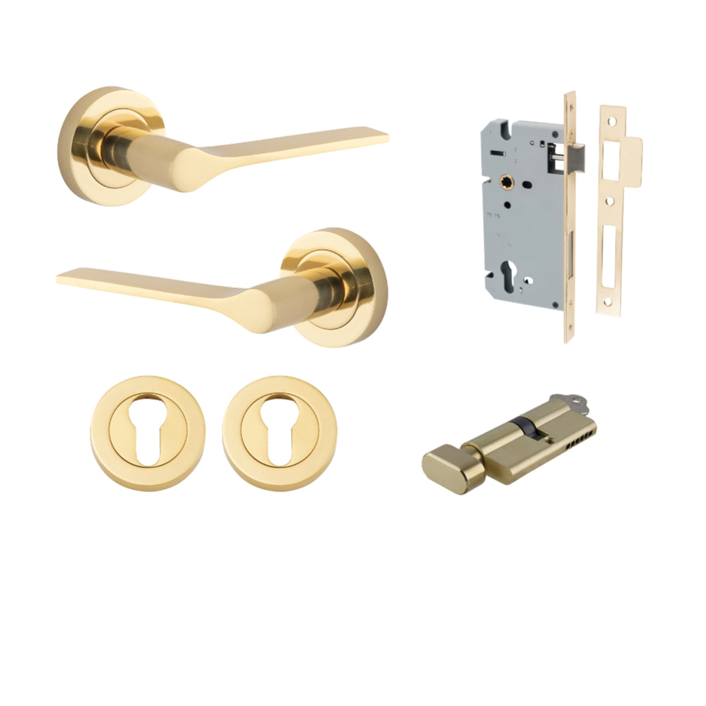 Door Lever Como Rose Round Pair Polished Brass L119xP62mm BPD52mm, Mortice Lock Euro Polished Brass CTC85mm Backset 60mm, Euro Cylinder Key Thumb 5 Pin Polished Brass 65mm KA4, Escutcheon Euro Concealed Fix Round Pair Polished Brass D52xP10mm in Polished Brass