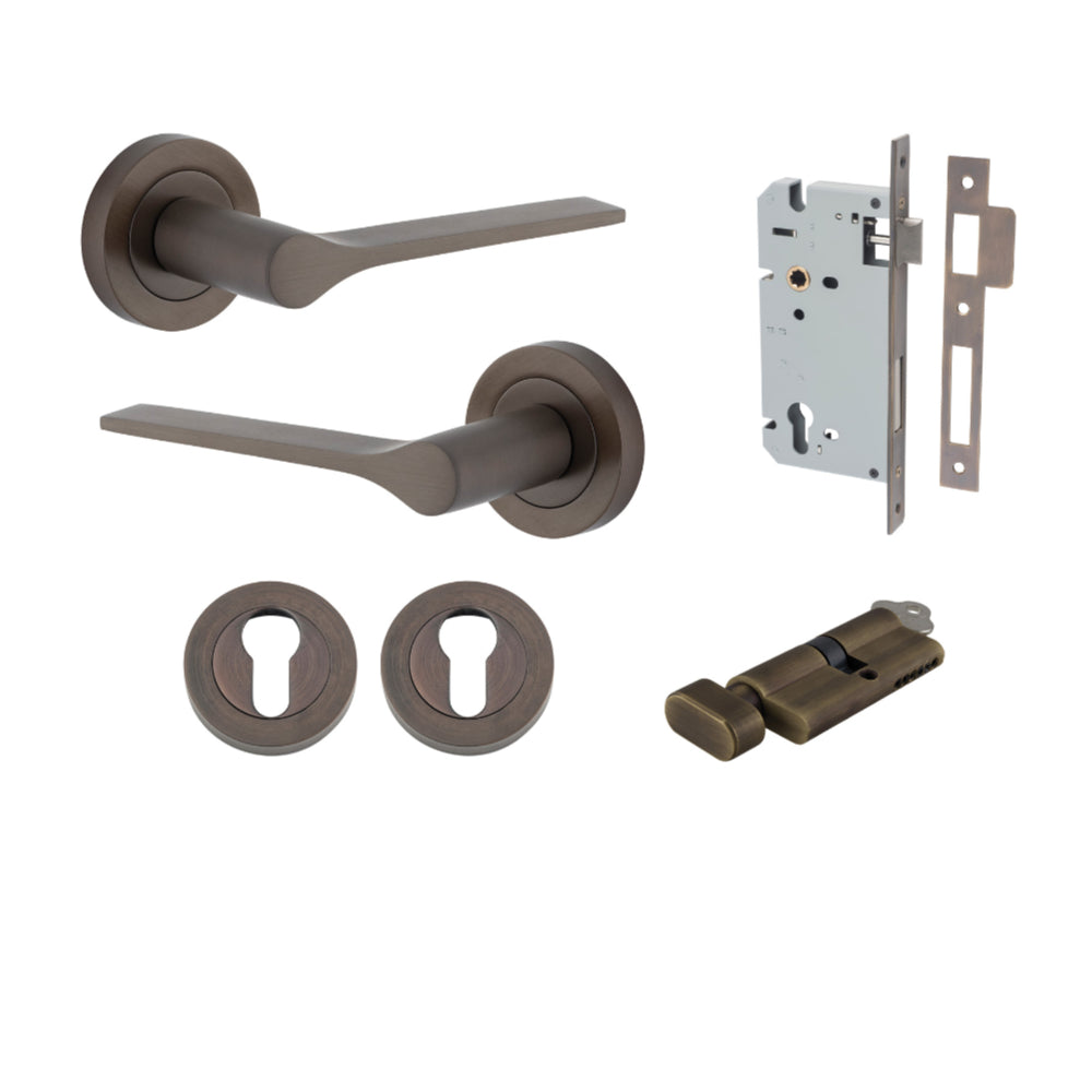Door Lever Como Rose Round Pair Signature Brass L119xP62mm BPD52mm, Mortice Lock Euro Signature Brass CTC85mm Backset 60mm, Euro Cylinder Key Thumb 5 Pin Signature Brass 65mm KA4, Escutcheon Euro Concealed Fix Round Pair Signature Brass D52xP10mm in Signature Brass