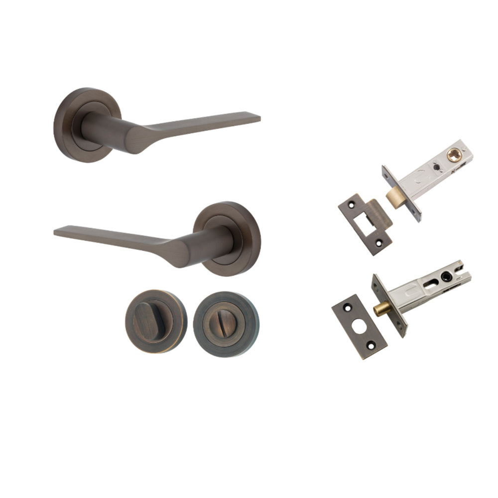 Door Lever Como Rose Round Signature Brass L119xP62mm BPD52mm Privacy Kit, Tube Latch Split Cam 'T' Striker Signature Brass Backset 60mm, Privacy Bolt Round Bolt Signature Brass Backset 60mm, Privacy Turn Oval Concealed Fix Round D52xP23mm in Signature Brass