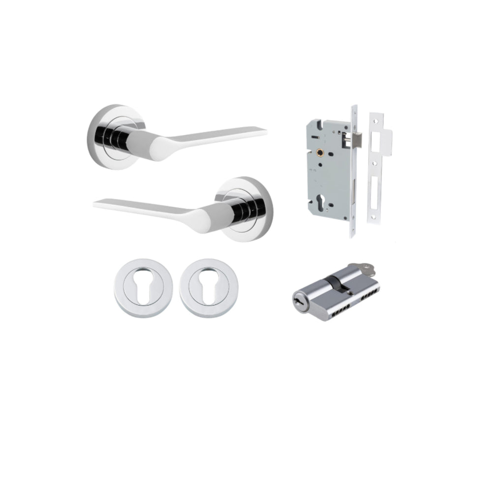 Door Lever Como Rose Round Pair Polished Chrome L119xP62mm BPD52mm, Mortice Lock Euro Polished Chrome CTC85mm Backset 60mm, Euro Cylinder Dual Function 5 Pin Polished Chrome 65mm KA4, Escutcheon Euro Concealed Fix Round Pair Polished Chrome D52xP10mm in Polished Chrome