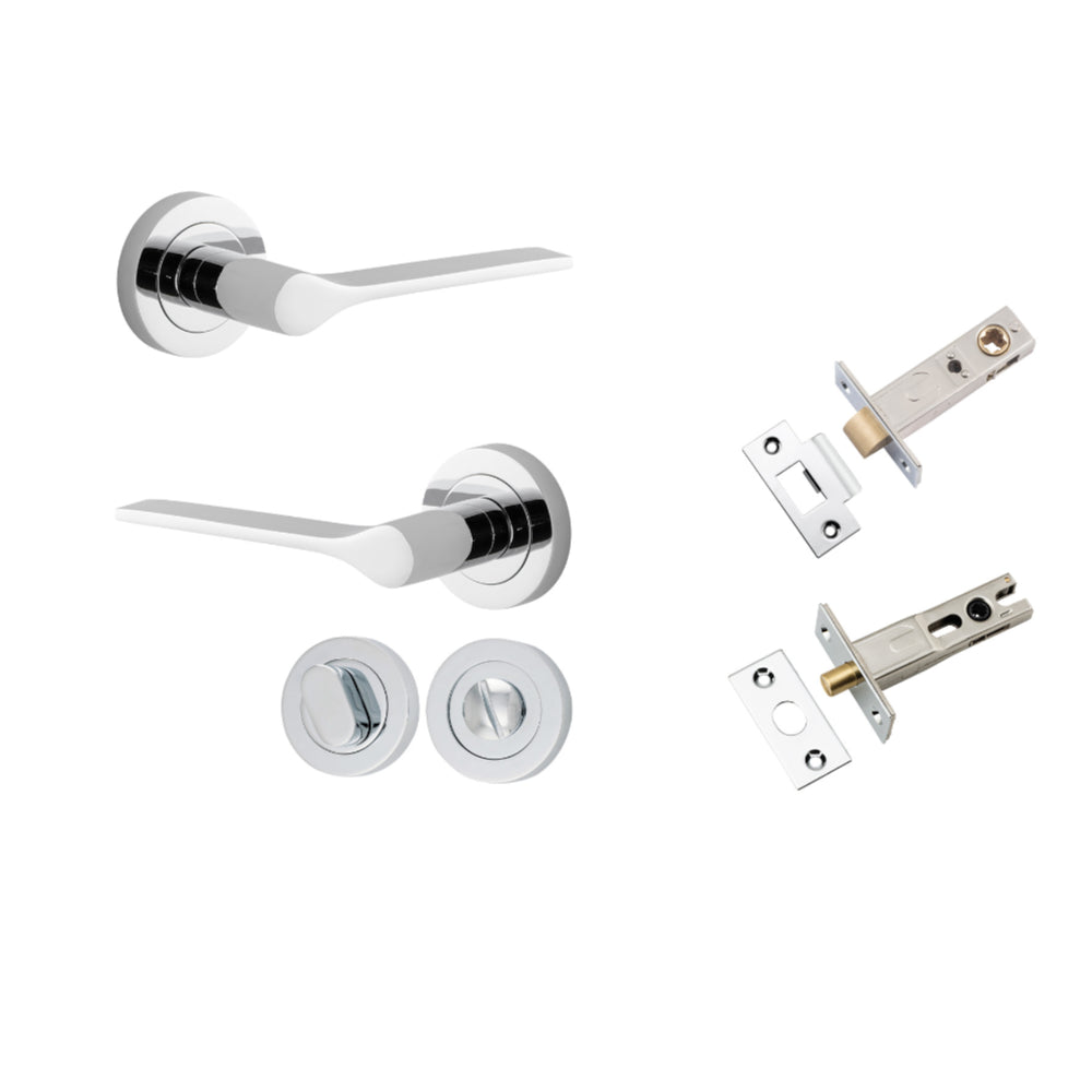Door Lever Como Rose Round Polished Chrome L119xP62mm BPD52mm Privacy Kit, Tube Latch Split Cam 'T' Striker Polished Chrome Backset 60mm, Privacy Bolt Round Bolt Polished Chrome Backset 60mm, Privacy Turn Oval Concealed Fix Round D52xP23mm in Polished Chrome