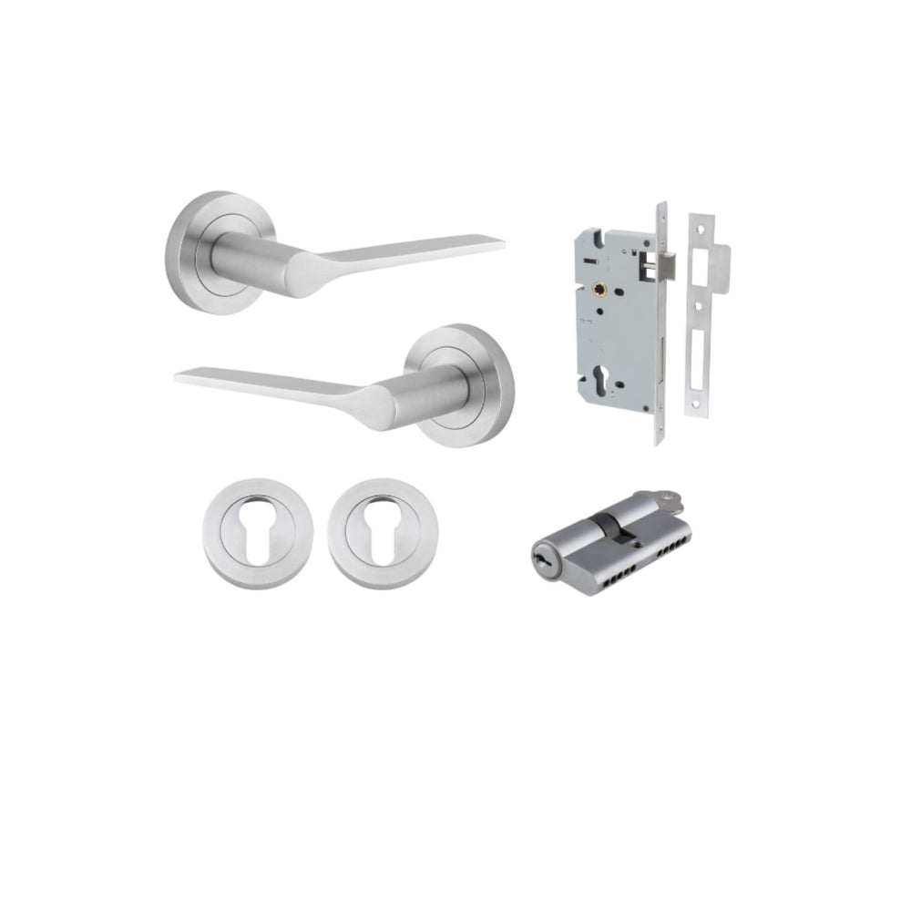 Door Lever Como Rose Round Pair Brushed Chrome L119xP62mm BPD52mm, Mortice Lock Euro Brushed Chrome CTC85mm Backset 60mm, Euro Cylinder Dual Function 5 Pin Brushed Chrome 65mm KA4, Escutcheon Euro Concealed Fix Round Pair Brushed Chrome D52xP10mm in Brushed Chrome