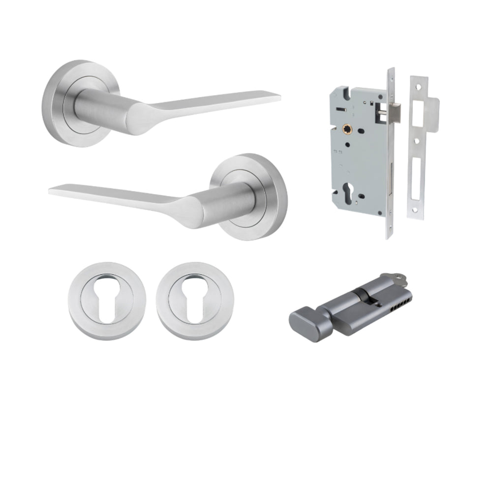 Door Lever Como Rose Round Pair Brushed Chrome L119xP62mm BPD52mm, Mortice Lock Euro Brushed Chrome CTC85mm Backset 60mm, Euro Cylinder Key Thumb 5 Pin Brushed Chrome 65mm KA4, Escutcheon Euro Concealed Fix Round Pair Brushed Chrome D52xP10mm in Brushed Chrome