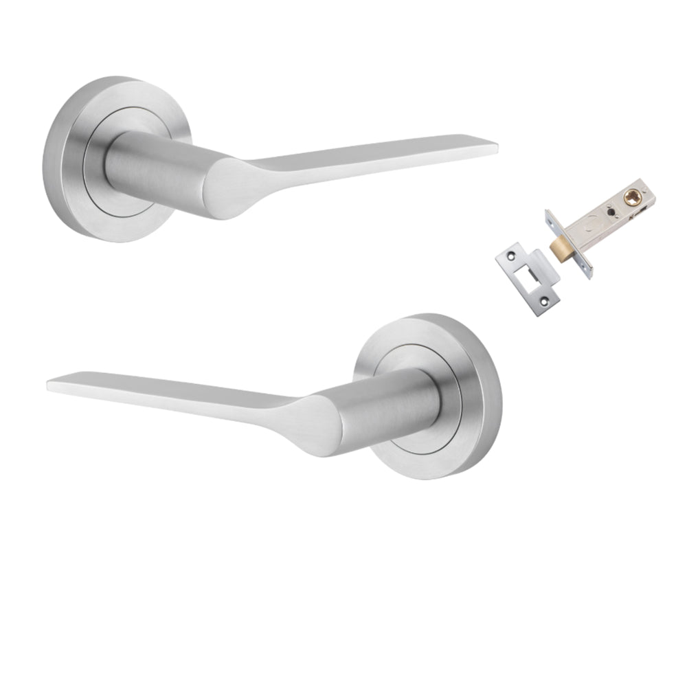 Door Lever Como Rose Round Brushed Chrome L119xP62mm BPD52mm Passage Kit, Tube Latch Split Cam 'T' Striker Brushed Chrome Backset 60mm in Brushed Chrome