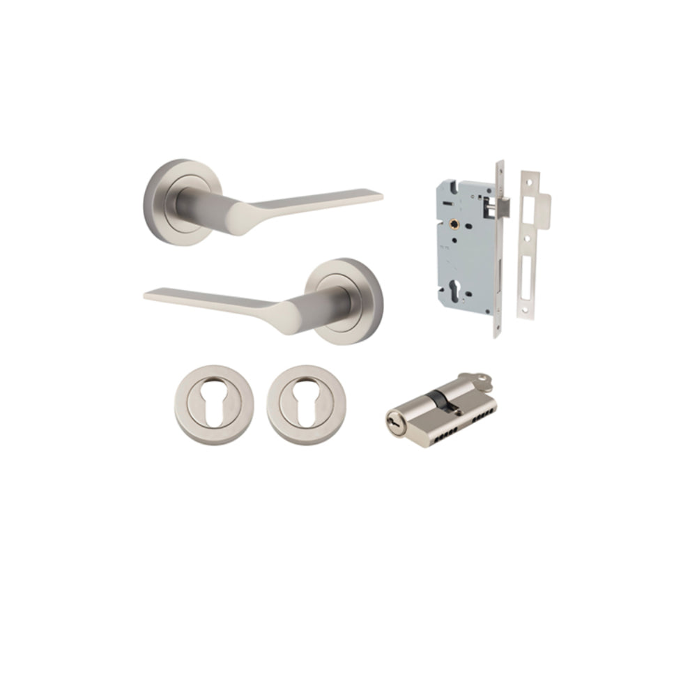 Door Lever Como Rose Round Pair Satin Nickel L119xP62mm BPD52mm, Mortice Lock Euro Satin Nickel CTC85mm Backset 60mm, Euro Cylinder Dual Function 5 Pin Satin Nickel 65mm KA4, Escutcheon Euro Concealed Fix Round Pair Satin Nickel D52xP10mm in Satin Nickel