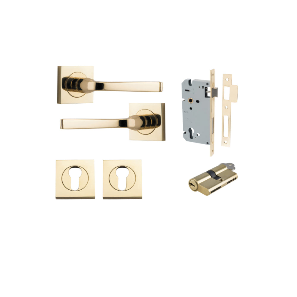 Door Lever Annecy Square Rose Pair Polished Brass H52xW52xP65mm Entrance Kit, Mortice Lock Euro Polished Brass CTC85mm Backset 60mm, Euro Cylinder Dual Function 5 Pin Polished Brass L65mm KA1, Escutcheon Euro Concealed Fix Square Pair Polished Bra… in Polished Brass