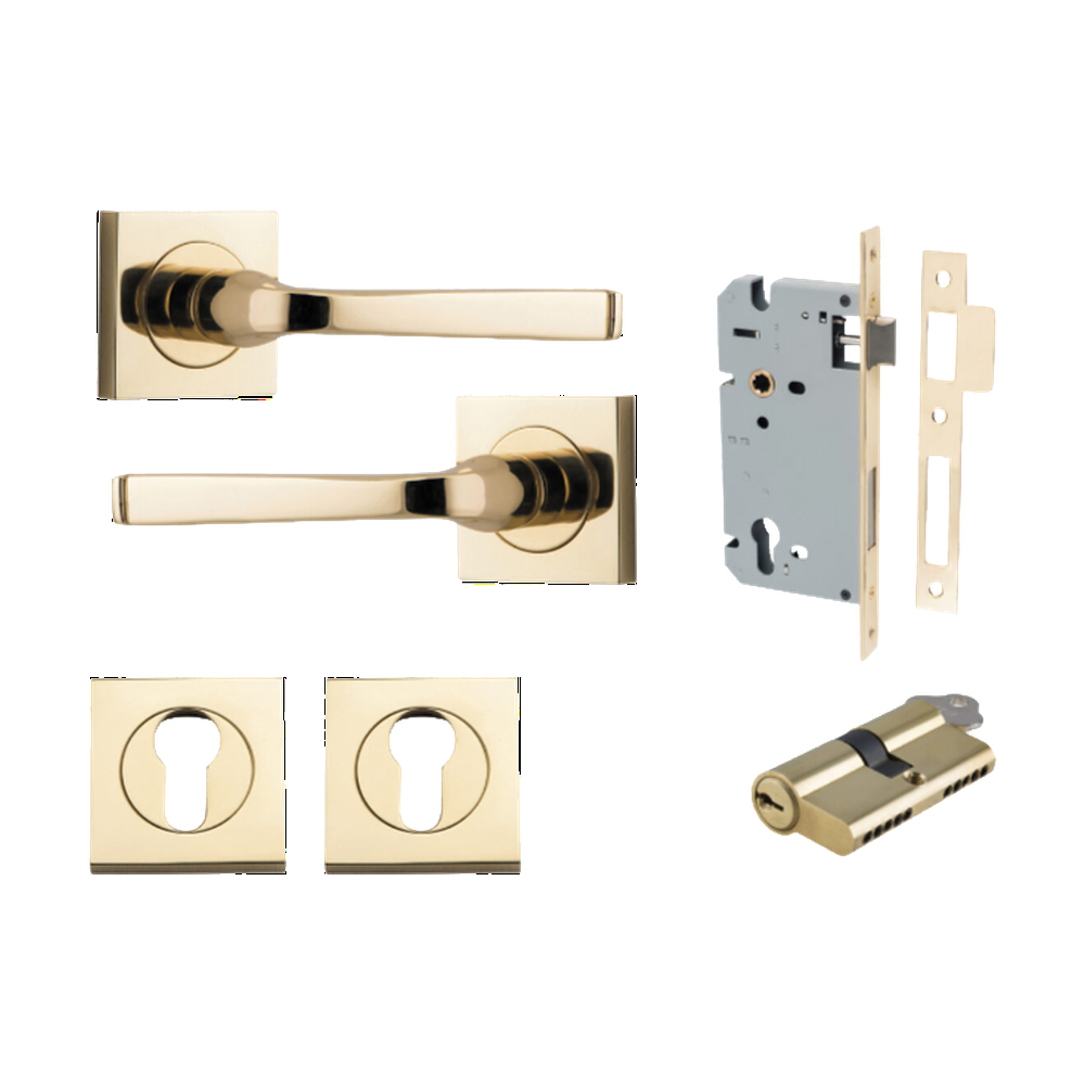 Door Lever Annecy Square Rose Pair Polished Brass H52xW52xP65mm Entrance Kit, Mortice Lock Euro Polished Brass CTC85mm Backset 60mm, Euro Cylinder Dual Function 5 Pin Polished Brass L65mm KA1, Escutcheon Euro Concealed Fix Square Pair Polished Bra… in Polished Brass
