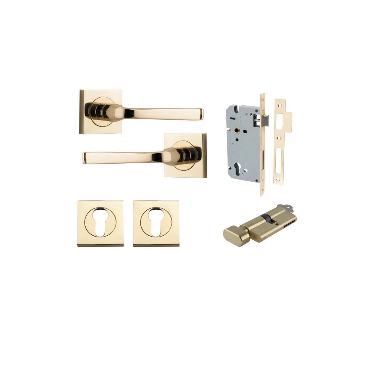 Door Lever Annecy Square Rose Pair Polished Brass H52xW52xP65mm Entrance Kit, Mortice Lock Euro Polished Brass CTC85mm Backset 60mm, Euro Cylinder Key Thumb 6 Pin Polished Brass L70mm KA1, Escutcheon Euro Concealed Fix Square Pair Polished Brass H… in Polished Brass