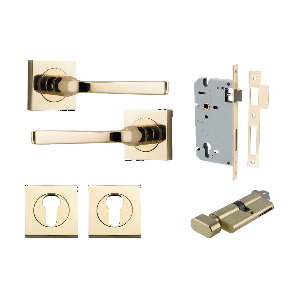 Door Lever Annecy Square Rose Pair Polished Brass H52xW52xP65mm Entrance Kit, Mortice Lock Euro Polished Brass CTC85mm Backset 60mm, Euro Cylinder Key Thumb 6 Pin Polished Brass L70mm KA1, Escutcheon Euro Concealed Fix Square Pair Polished Brass H… in Polished Brass