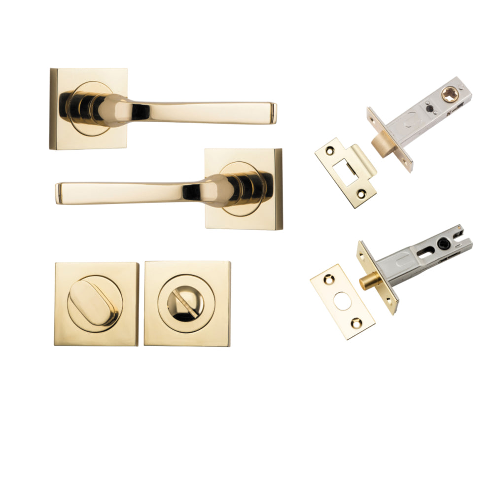 Door Lever Annecy Square Rose Pair Polished Brass H52xW52xP65mm Privacy Kit, Tube Latch Split Cam 'T' Striker Polished Brass Backset 60mm, Privacy Bolt Round Bolt Polished Brass Backset 60mm, Privacy Turn Oval Concealed Fix Square Polished Brass H… in Polished Brass