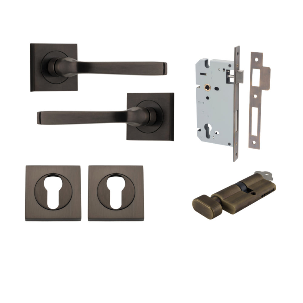 Door Lever Annecy Square Rose Pair Signature Brass H52xW52xP65mm Entrance Kit, Mortice Lock Euro Signature Brass CTC85mm Backset 60mm, Euro Cylinder Key Thumb 6 Pin Signature Brass L70mm KA1, Escutcheon Euro Concealed Fix Square Pair Signature Bra… in Signature Brass