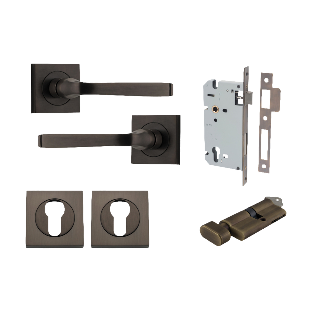 Door Lever Annecy Square Rose Pair Signature Brass H52xW52xP65mm Entrance Kit, Mortice Lock Euro Signature Brass CTC85mm Backset 60mm, Euro Cylinder Key Thumb 6 Pin Signature Brass L70mm KA1, Escutcheon Euro Concealed Fix Square Pair Signature Bra… in Signature Brass