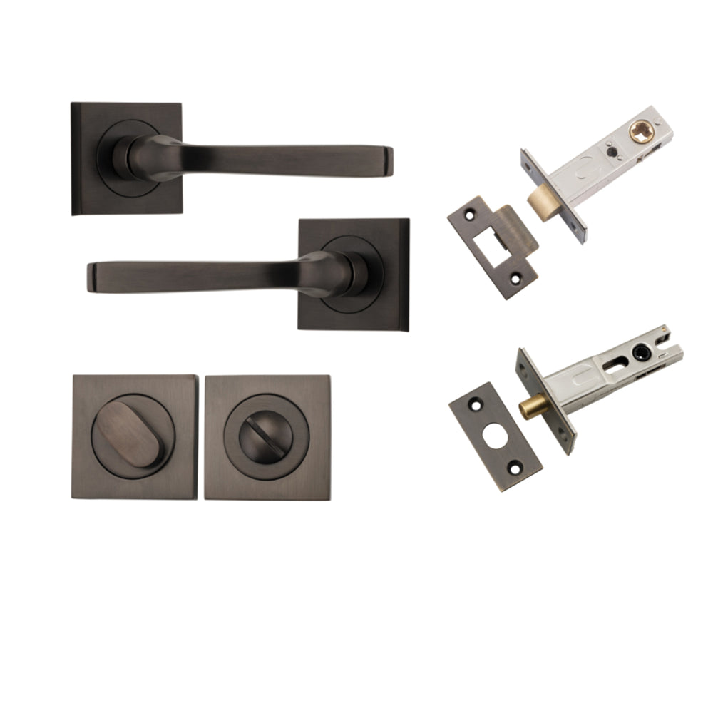 Door Lever Annecy Square Rose Pair Signature Brass H52xW52xP65mm Privacy Kit, Tube Latch Split Cam 'T' Striker Signature Brass Backset 60mm, Privacy Bolt Round Bolt Signature Brass Backset 60mm, Privacy Turn Oval Concealed Fix Square Signature Bra… in Signature Brass
