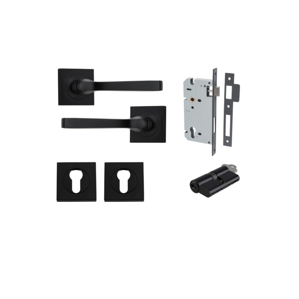Door Lever Annecy Square Rose Pair Matt Black H52xW52xP65mm Entrance Kit, Mortice Lock Euro Matt Black CTC85mm Backset 60mm, Euro Cylinder Dual Function 5 Pin Matt Black L65mm KA1, Escutcheon Euro Concealed Fix Square Pair Matt Black H52xW52xP10mm in Matt Black