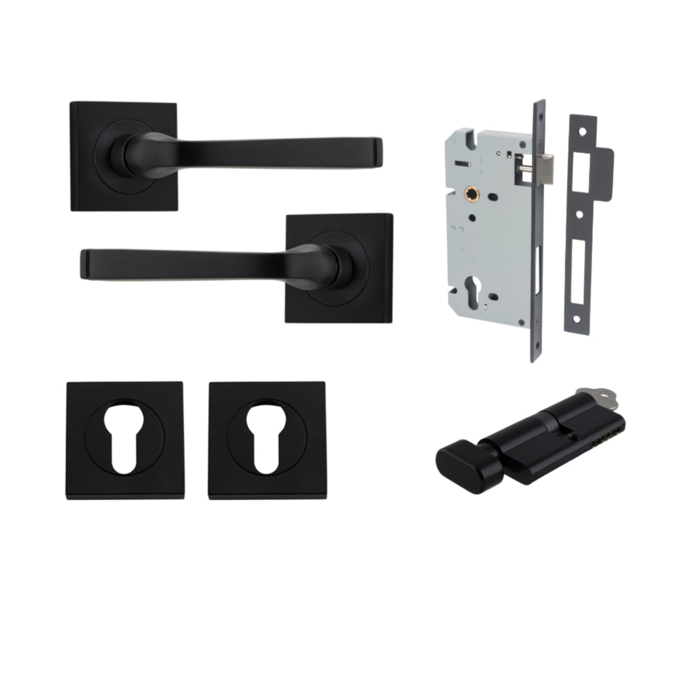 Door Lever Annecy Square Rose Pair Matt Black H52xW52xP65mm Entrance Kit, Mortice Lock Euro Matt Black CTC85mm Backset 60mm, Euro Cylinder Key Thumb 6 Pin Matt Black L70mm KA1, Escutcheon Euro Concealed Fix Square Pair Matt Black H52xW52xP10mm in Matt Black