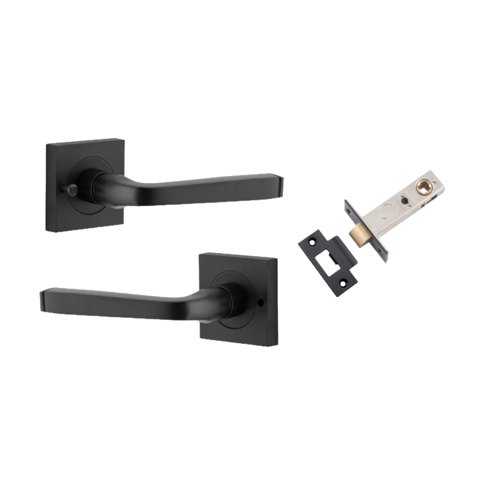 Door Lever Annecy Square Rose Inbuilt Privacy Pair Matt Black H52xW52xP65mm with Tube Latch Privacy with Faceplate & T Striker Backset 60mm in Matt Black