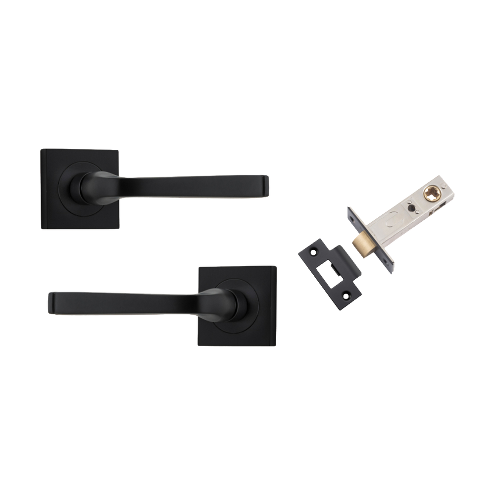 Door Lever Annecy Square Rose Pair Matt Black H52xW52xP65mm Passage Kit, Tube Latch Split Cam 'T' Striker Matt Black Backset 60mm in Matt Black