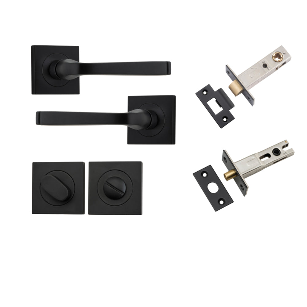 Door Lever Annecy Square Rose Pair Matt Black H52xW52xP65mm Privacy Kit, Tube Latch Split Cam 'T' Striker Matt Black Backset 60mm, Privacy Bolt Round Bolt Matt Black Backset 60mm, Privacy Turn Oval Concealed Fix Square Matt Black H52xW52xP23mm in Matt Black