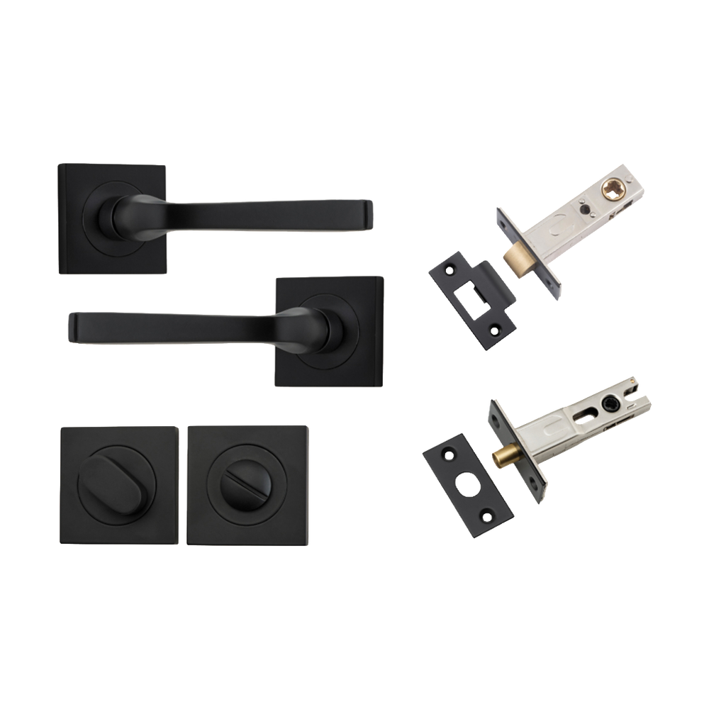Door Lever Annecy Square Rose Pair Matt Black H52xW52xP65mm Privacy Kit, Tube Latch Split Cam 'T' Striker Matt Black Backset 60mm, Privacy Bolt Round Bolt Matt Black Backset 60mm, Privacy Turn Oval Concealed Fix Square Matt Black H52xW52xP23mm in Matt Black