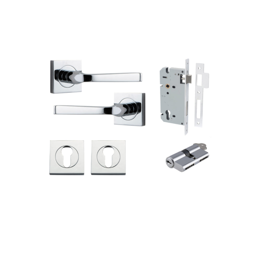 Door Lever Annecy Square Rose Pair Polished Chrome H52xW52xP65mm Entrance Kit, Mortice Lock Euro Polished Chrome CTC85mm Backset 60mm, Euro Cylinder Dual Function 5 Pin Polished Chrome L65mm KA1, Escutcheon Euro Concealed Fix Square Pair Polished … in Polished Chrome